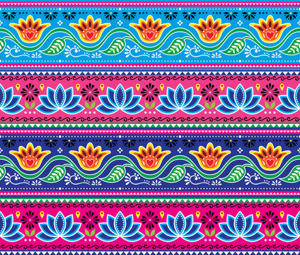 Pakistani or Indian truck art vector seamless pattern, floral cheerful design, Diwali repetitive decorations  