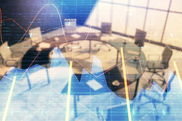 Double exposure of forex chart on conference room background. Concept of stock market analysis
