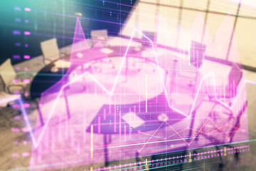 Double exposure of forex chart on conference room background. Concept of stock market analysis