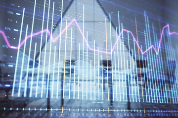 Double exposure of forex chart on conference room background. Concept of stock market analysis