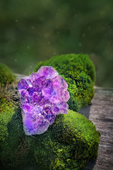 beautiful still life of amethyst druse crystal on natural background. Magic Rock for Crystal...
