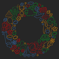 Vector pattern with children toys. Kindergarten elements in doodle style for little kids. Education, play, grow