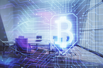 Blockchain theme hologram on conference room background. Double exposure. Concept of cryptocurrency