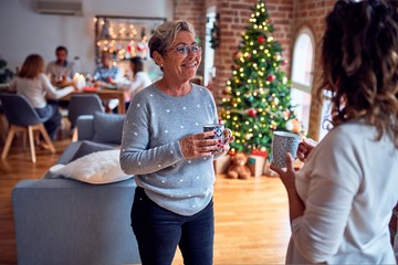 Family and friends dining at home celebrating christmas eve with traditional food and decoration, women talking together happy and casual