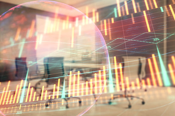 Double exposure of stock market graph with globe hologram on conference room background. Concept of international finance