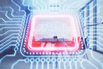 Double exposure of brain drawing hologram on conference room background. Concept of data analysis