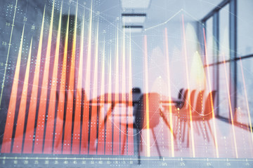 Multi exposure of stock market graph on conference room background. Concept of financial analysis