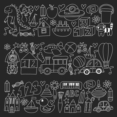 Vector pattern with children toys. Robot, rocket, horse, doll