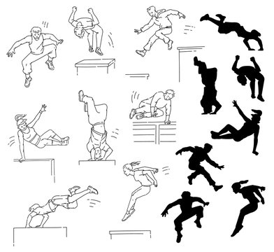 Parkour people outline and silhouette set - men and women doing extreme sport moves.