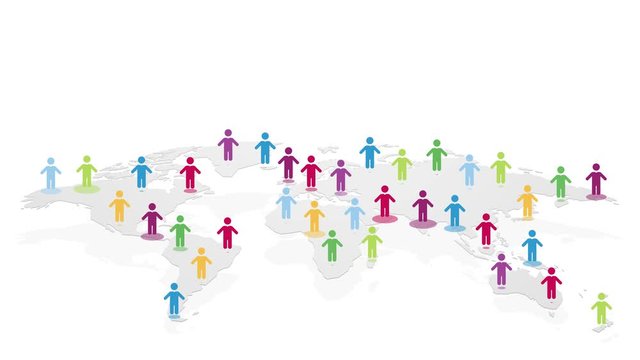 colorful characters jumping around the world map, social globalization concept