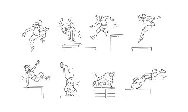 Parkour moves set - cartoon people jumping, spinning and doing backflip