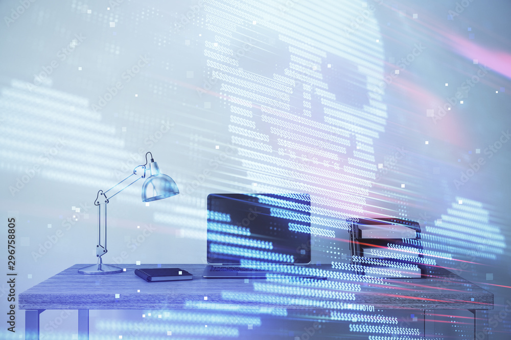 Poster hacking theme hologram with desktop office background. double exposure.