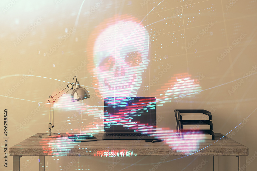Poster hacking theme hologram with desktop office background. double exposure.