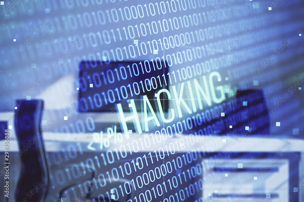 Poster hacking theme hologram with desktop office background. double exposure.