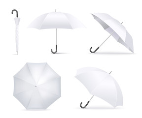 Realistic white umbrella open and folded lying in different angles - obrazy, fototapety, plakaty
