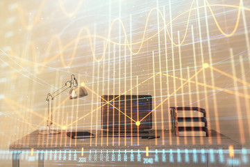 Fototapeta na wymiar Stock market chart and desktop office computer background. Multi exposure. Concept of financial analysis.
