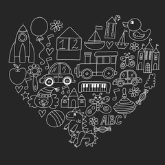 Vector pattern with children toys. Robot, rocket, horse, doll