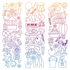 Vector pattern with children toys. Robot, rocket, horse, doll