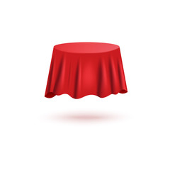 Red silk curtain cover in round table shape with realistic fabric texture