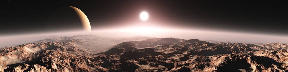 Panorama of an alien landscape. Sunset on Mars. Alien sunset. 3d rendering. © ustas