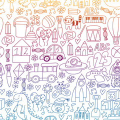 Vector pattern with children toys. Robot, rocket, horse, doll