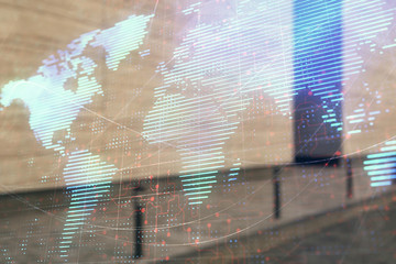 Double exposure of globe hologram on empty exterior background. Concept of international business