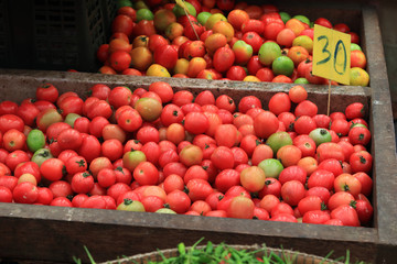 Many fresh tomatoes are placed on the tray. That is sold in the local fresh market