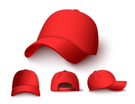 Bright red baseball cap mock up set from different angles