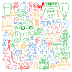 Vector pattern with children toys. Robot, rocket, horse, doll