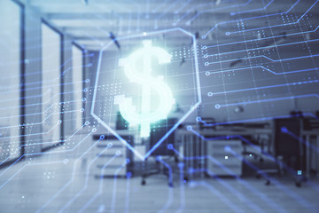 Business theme drawing with office interior background. Double exposure. Concept of success.