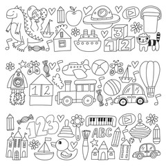 Vector pattern with children toys. Robot, rocket, horse, doll