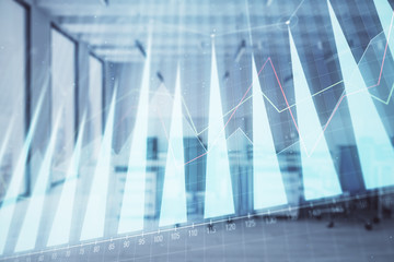Stock and bond market graph with trading desk bank office interior on background. Multi exposure. Concept of financial analysis