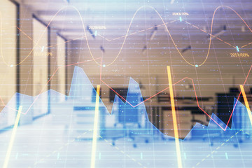 Stock market chart with trading desk bank office interior on background. Double exposure. Concept of financial analysis