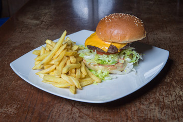 fast, meat, grilled, unhealthy, sandwich, lettuce, meal, bbq, food, burger, tasty, american, beef, cheeseburger, hamburger, snack, steak, barbecue, gourmet, onion, homemade, tomato, bun, wooden, chees