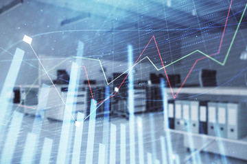 Stock market chart with trading desk bank office interior on background. Double exposure. Concept of financial analysis