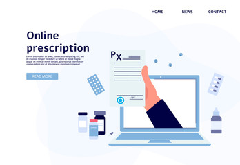 Online prescription banner - hand holding paper document coming out of laptop - obrazy, fototapety, plakaty