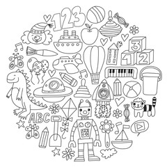 Vector pattern with children toys. Robot, rocket, horse, doll