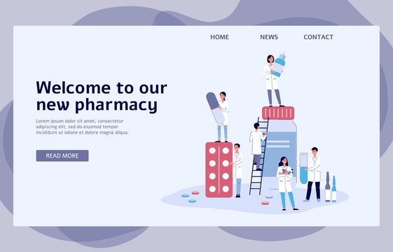 Online Pharmacy Banner With Cartoon People Holding Different Medicine
