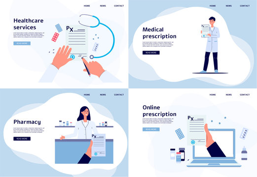 Online medical diagnosis and healthcare service set of flat vector illustrations.