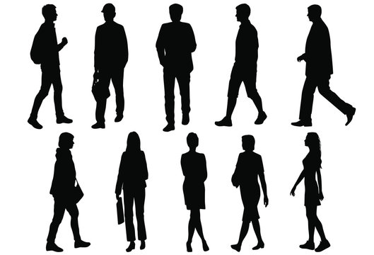Vector silhouettes men and women standing and walking, different poses,  business  people group,  black color, isolated on white background