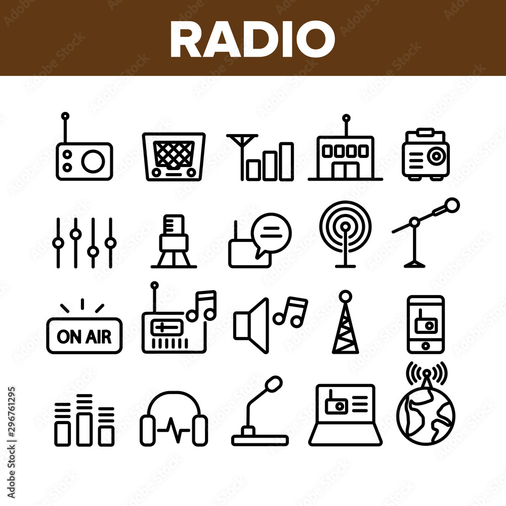 Poster radio program collection elements icons set vector thin line. modern and vintage radio device, micro