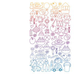 Kindergarten preschool school children. Kids drawing style vector pattern. Play grow learn together.