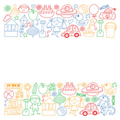 Kindergarten preschool school children. Kids drawing style vector pattern. Play grow learn together.