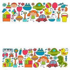 Fototapeta premium Kindergarten preschool school children. Kids drawing style vector pattern. Play grow learn together.