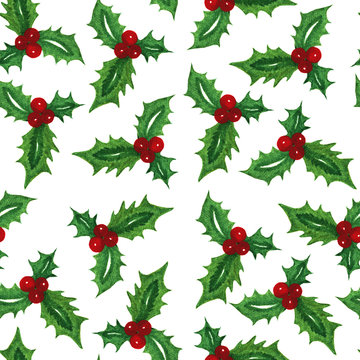 seamless pattern with red berries, watercolor holly berry
