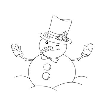 Outline cartoon snowman with bow tie, mittens and hat. Coloring hand drawn page. Merry Christmas and New Year winter line art illustration for greeting card, postcard, invitation , flyers and web.