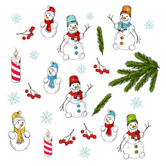 festive set,  isolated  elements for Christmas and New year decoration, doodle. Snowmen, snowflakes