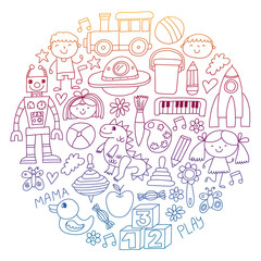 Kindergarten preschool school children. Kids drawing style vector pattern. Play grow learn together.