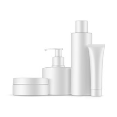 Set of blank plastic containers mockups: bottle with cap, bottle with pump, cream jar, tube. Vector illustration