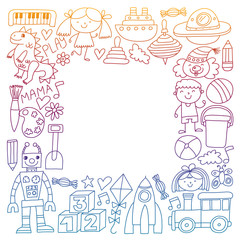 Kindergarten preschool school children. Kids drawing style vector pattern. Play grow learn together.